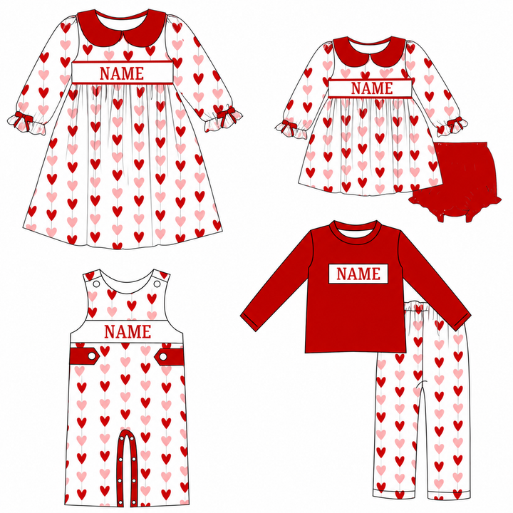 Personalized Valentine Red Heart Print Sibling Outfits