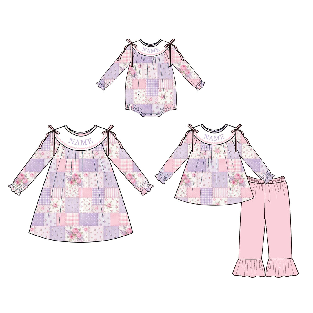 Personalized Baby Girls Floral Patchwork Long Sleeve Dress Bubble Romper