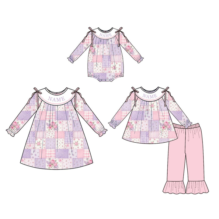 Personalized Baby Girls Floral Patchwork Long Sleeve Dress Bubble Romper