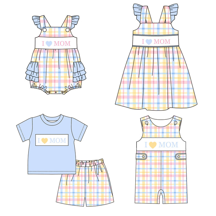 Candy-colored plaid “I LOVE MOM” embroidered sibling outfits