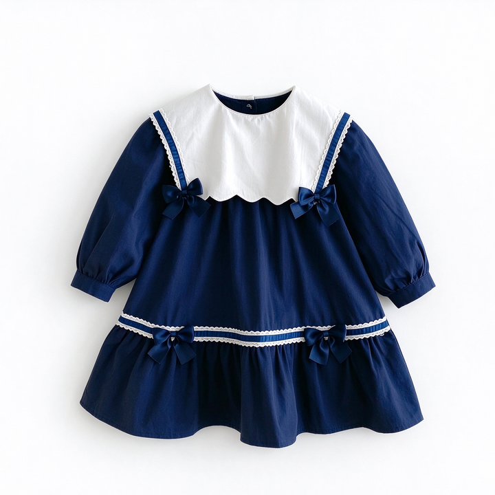 Baby Girl Ruffle Collar Flare Hem Princess Dress with Bow Decoration