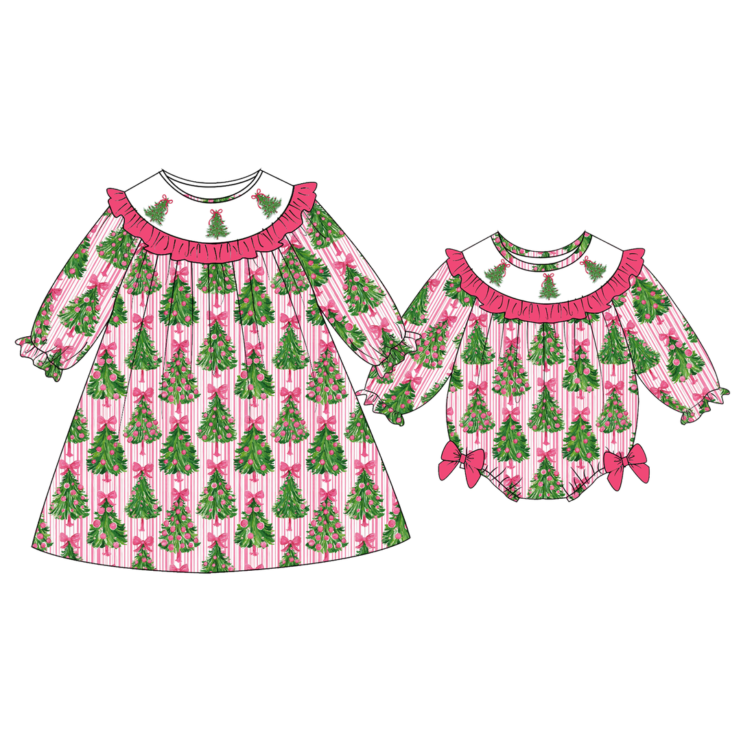 Personalized Christmas Tree Pink Ruffle Embroidered Dress