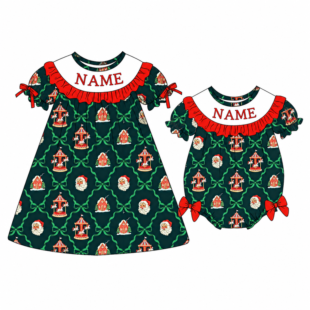 Personalized custom name Christmas Cute Santa Ruffle Embroidered Dress