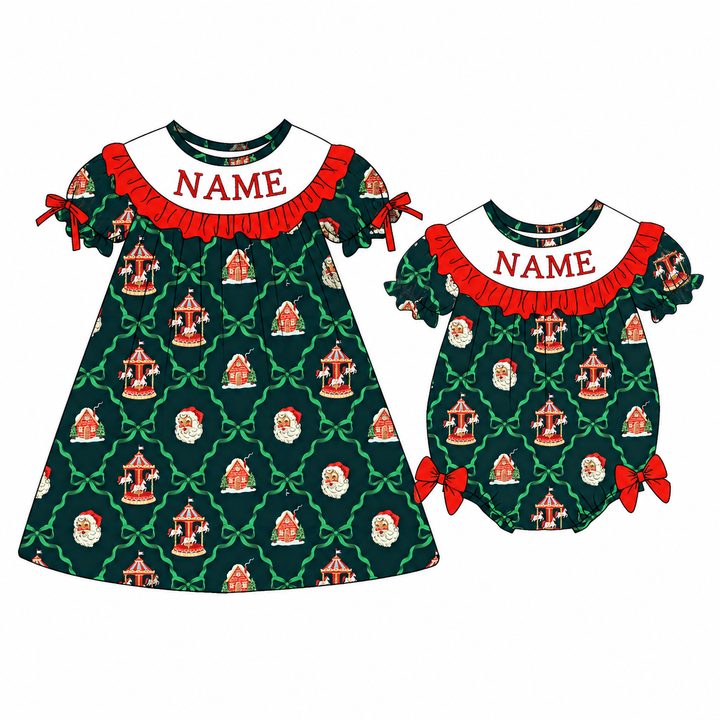 Personalized custom name Christmas Cute Santa Ruffle Embroidered Dress