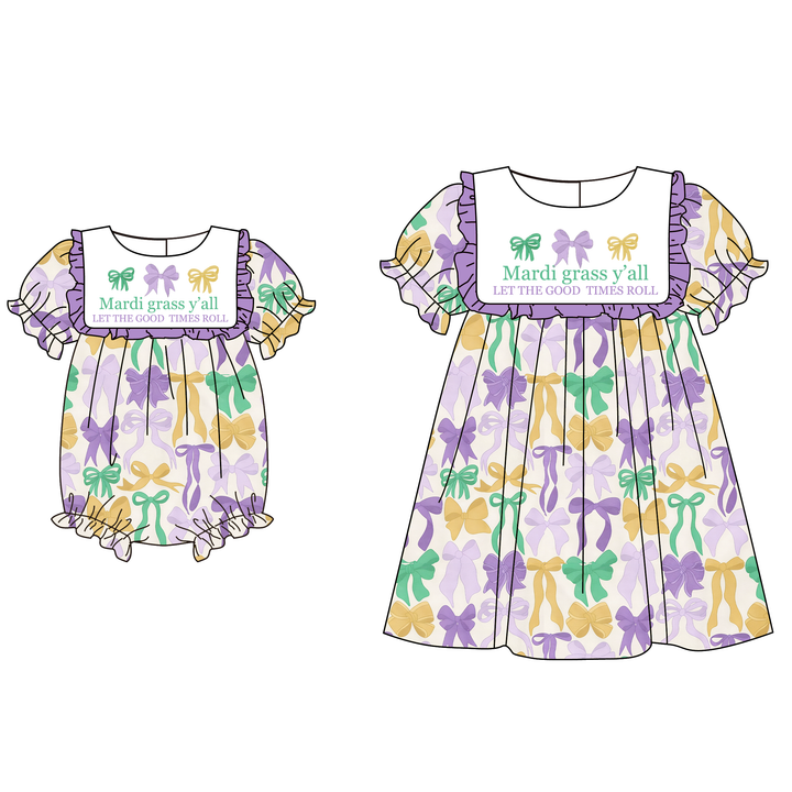 Mardi Gras themed embroidery bow printed sisters outfit