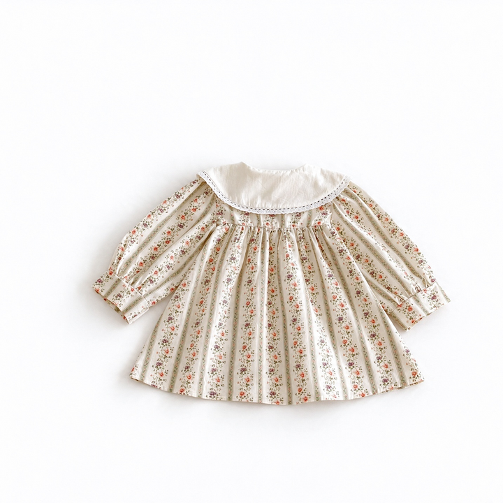 Girl Floral Embroidery Long Sleeve Dress with Lace Pockets