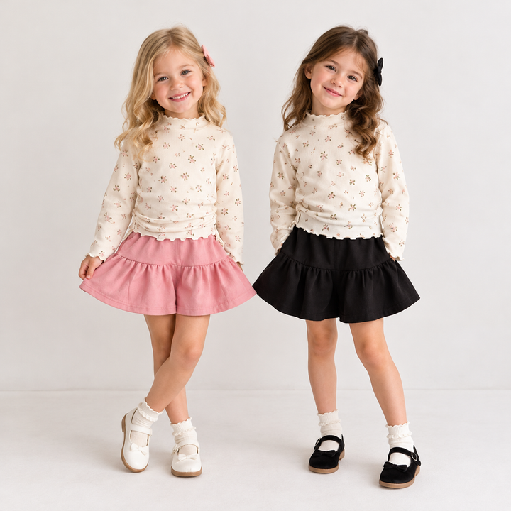 Girls Floral Mock Neck Lettuce Trim Top