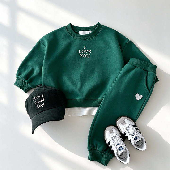 "I LOVE YOU" Letter Embroidery Sweatshirt &amp; Heart Sweatpants Set