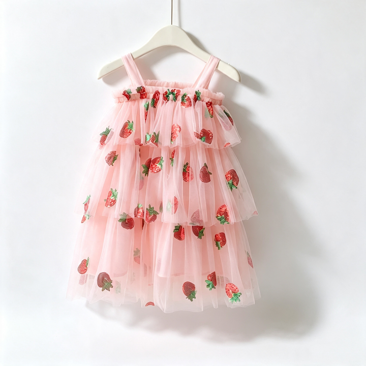 Girls Strawberry embroidery layered mesh tutu dress