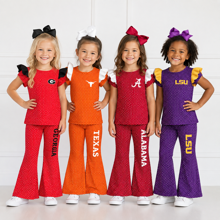 Girls Game Day Team Sports Fan Polka Dot Ruffle Flutter Sleeve Top & Flare Pants Outfit