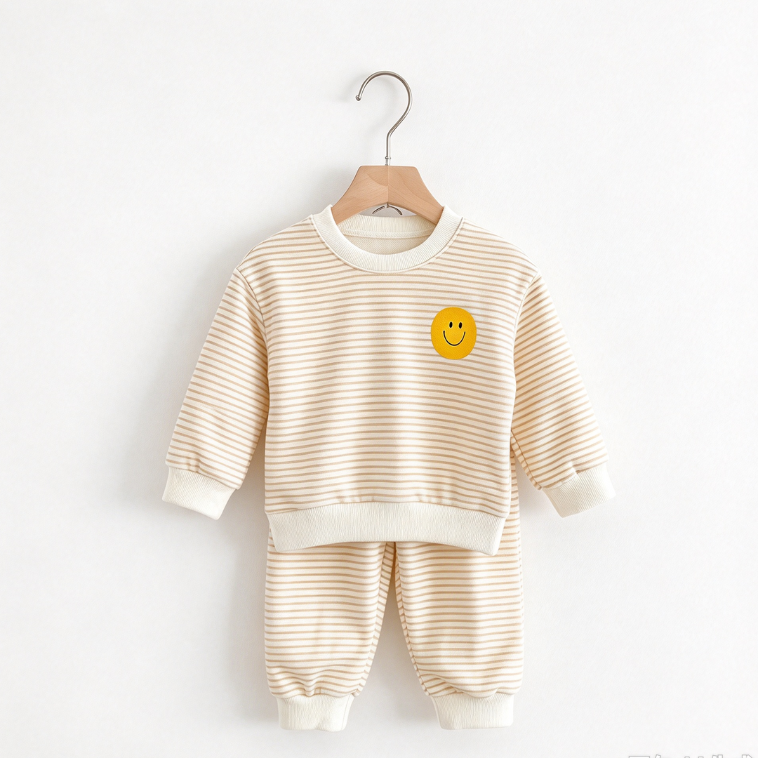 Girls Smiley Face Sweatshirt &amp; Pants Set Stripe Outfit