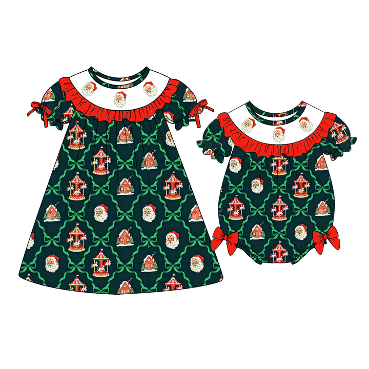 Personalized custom name Christmas Cute Santa Ruffle Embroidered Dress