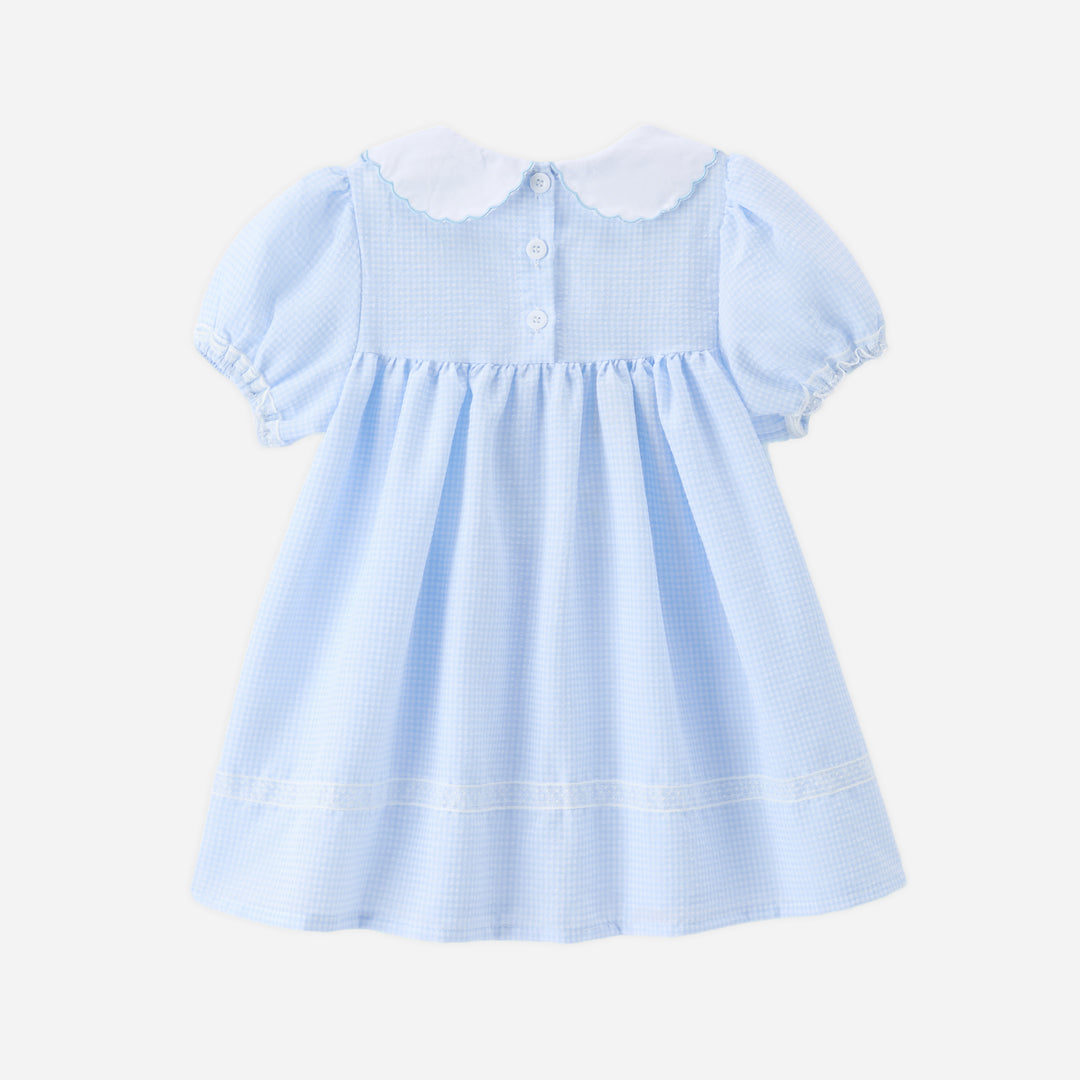 Girls flower embroidered blue plaid dress
