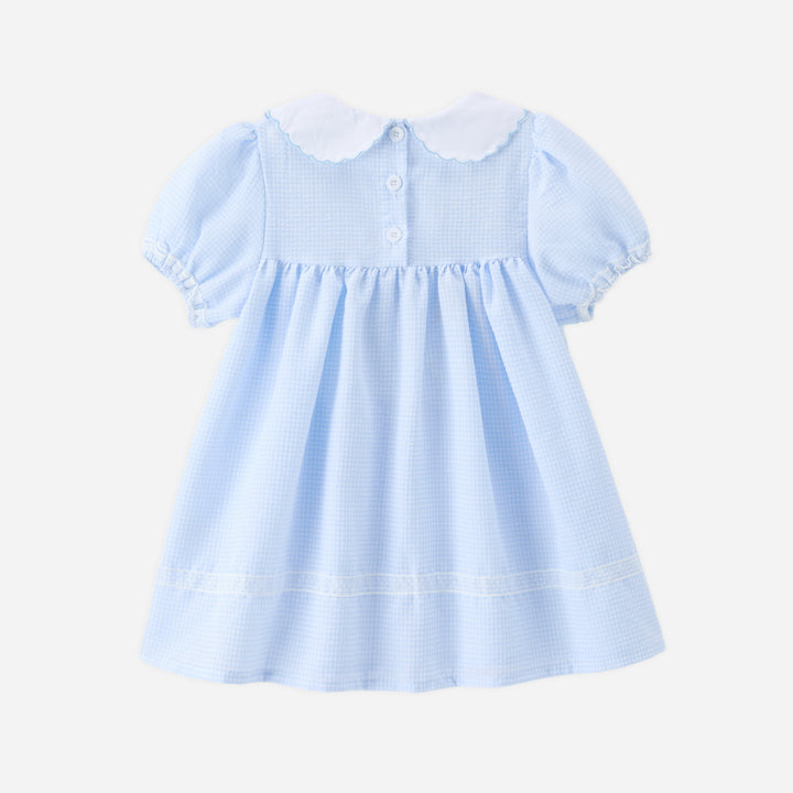 Girls flower embroidered blue plaid dress