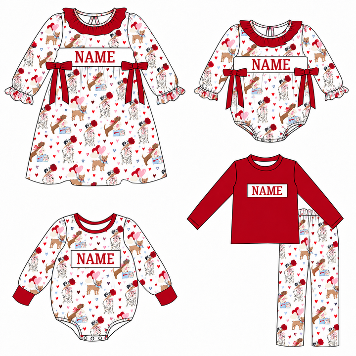 Custom Name Valentine Puppy Bubble Romper Dog Heart Print Ruffle Dress Sibling Outfits