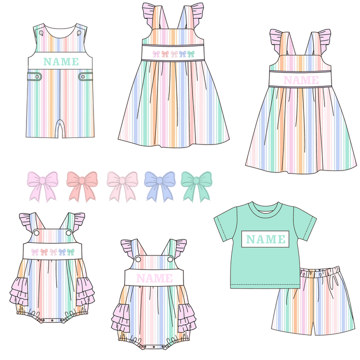 Candy-colored striped embroidered sibling outfits-Customizable name