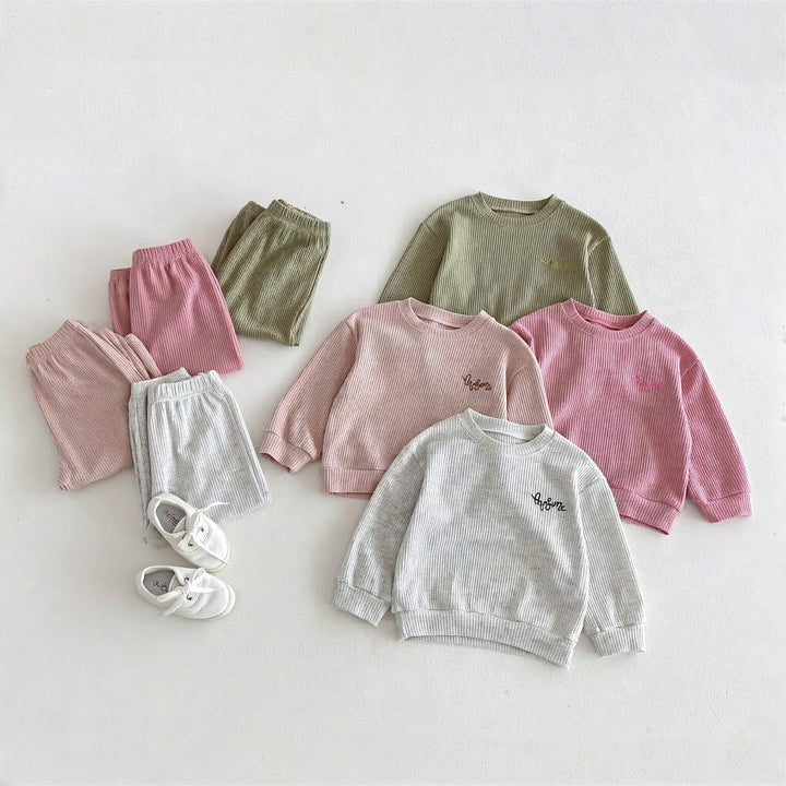 Kids Waffle Knit Sweatshirt &amp; Matching Pants Loungewear 2-Piece Outfit