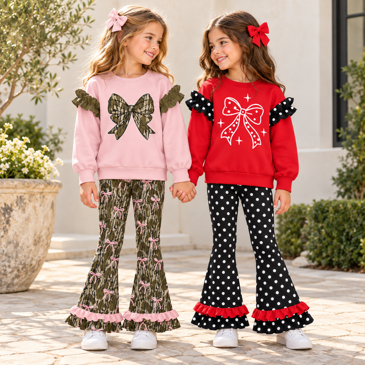 Girls Big Bow Graphic Sweatshirt and Ruffle Bell Bottom Pants Set