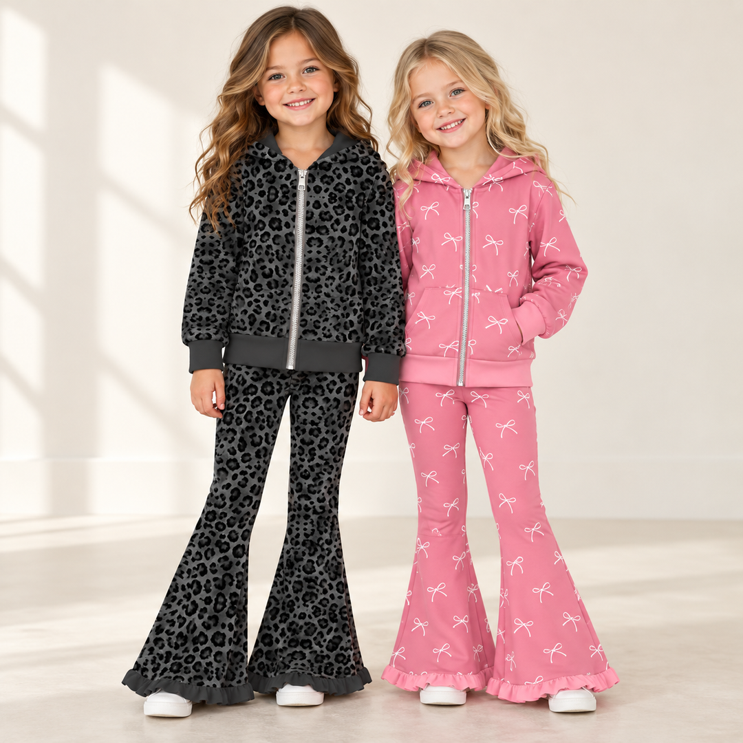 Girls Hooded Zip-Up Jacket& Ruffle Flare Pants 2PCS Set