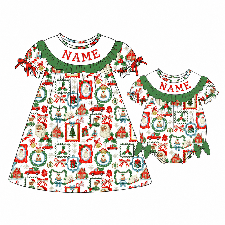 Personalized custom name Christmas Cute Ruffle Embroidered Dress