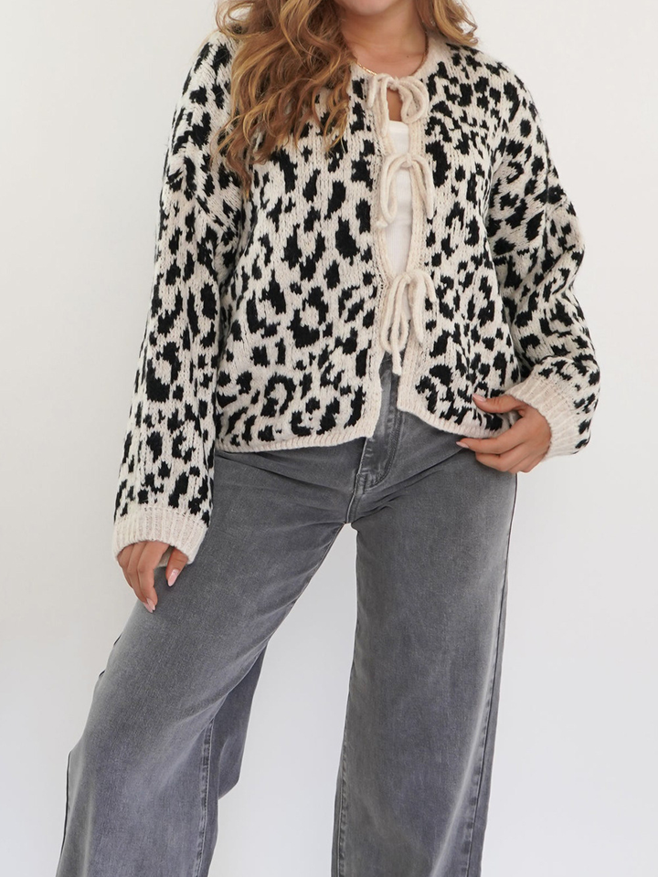Crew neck tie leopard print knit cardigan sweater coat