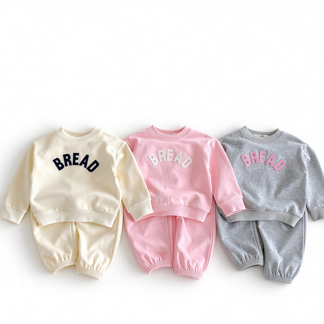 Girls "BREAD" Embroidered Patch Sweatshirt and Sweatpants 2-Piece Set