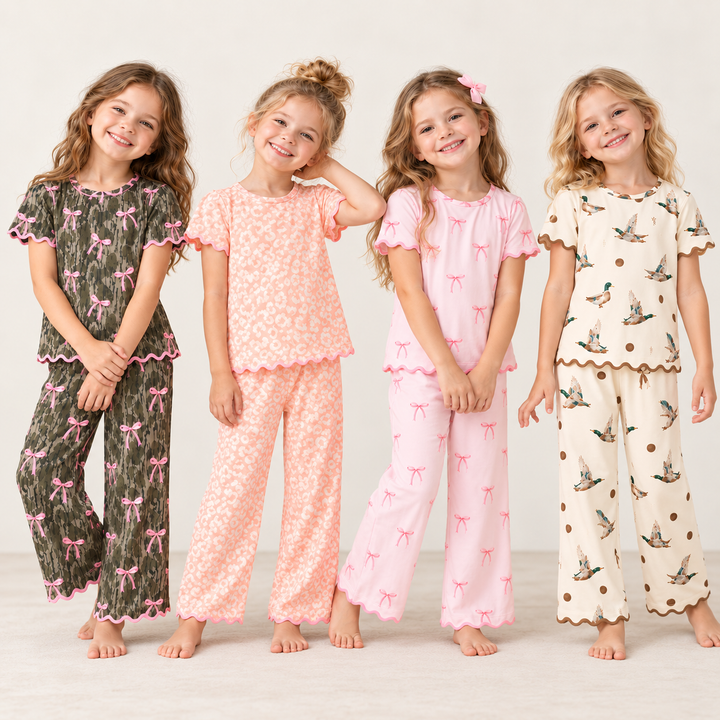 Girls Flying Duck Print Scalloped Ruffle Top & Pants Set