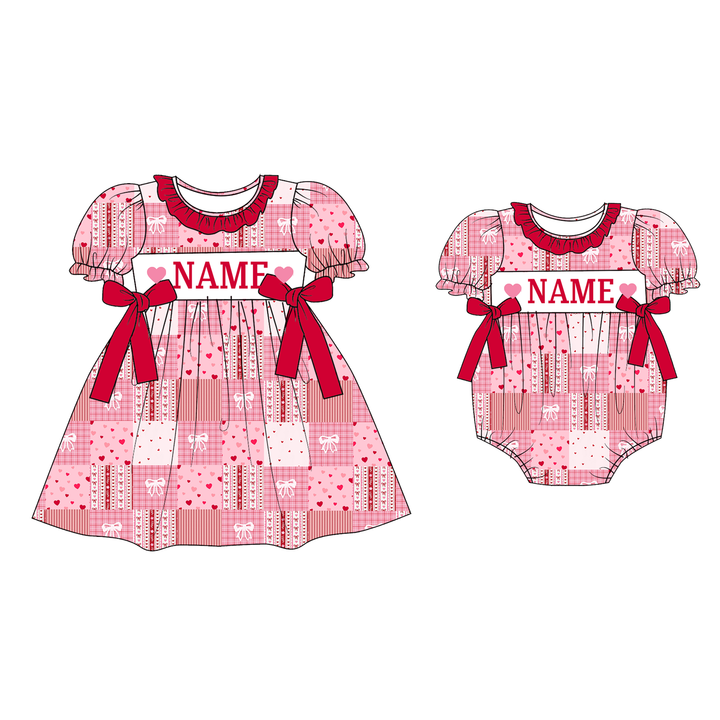 Personalized Baby Girl Valentine Pink Patchwork Heart Bow Dress &amp; Romper