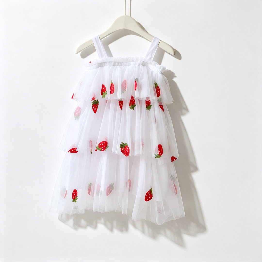 Girls Strawberry embroidery layered mesh tutu dress