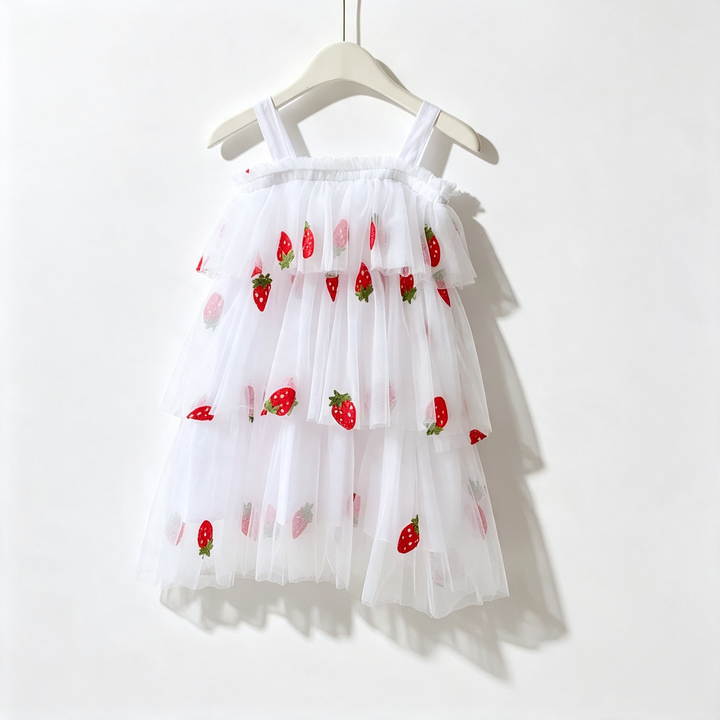 Girls Strawberry embroidery layered mesh tutu dress