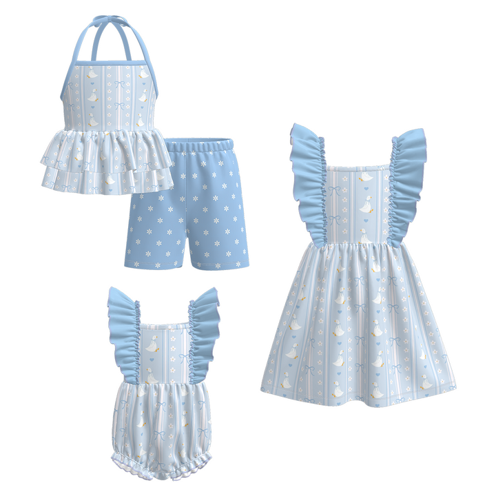 Girls' Cute goose printed floral ruffle dress sibling outfits