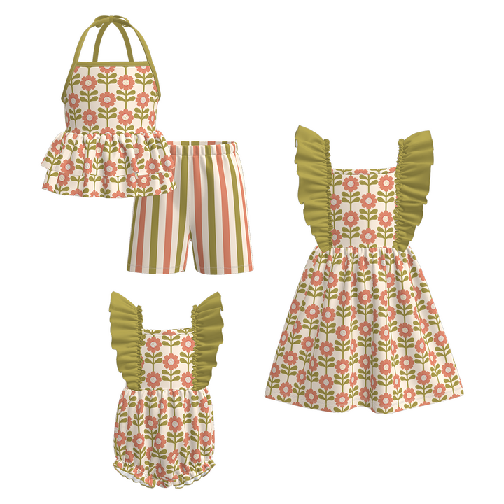 Girls' flowers printed floral ruffle dress sibling outfits