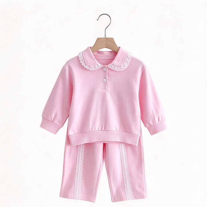 Baby Girl Lace Ruffle Sweatshirt &amp; Pants 2pcs Set