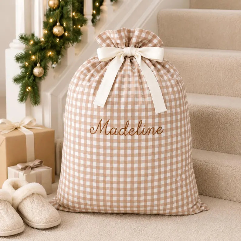 Personalized Gingham Christmas Sack Custom Embroidered Name Santa Bag