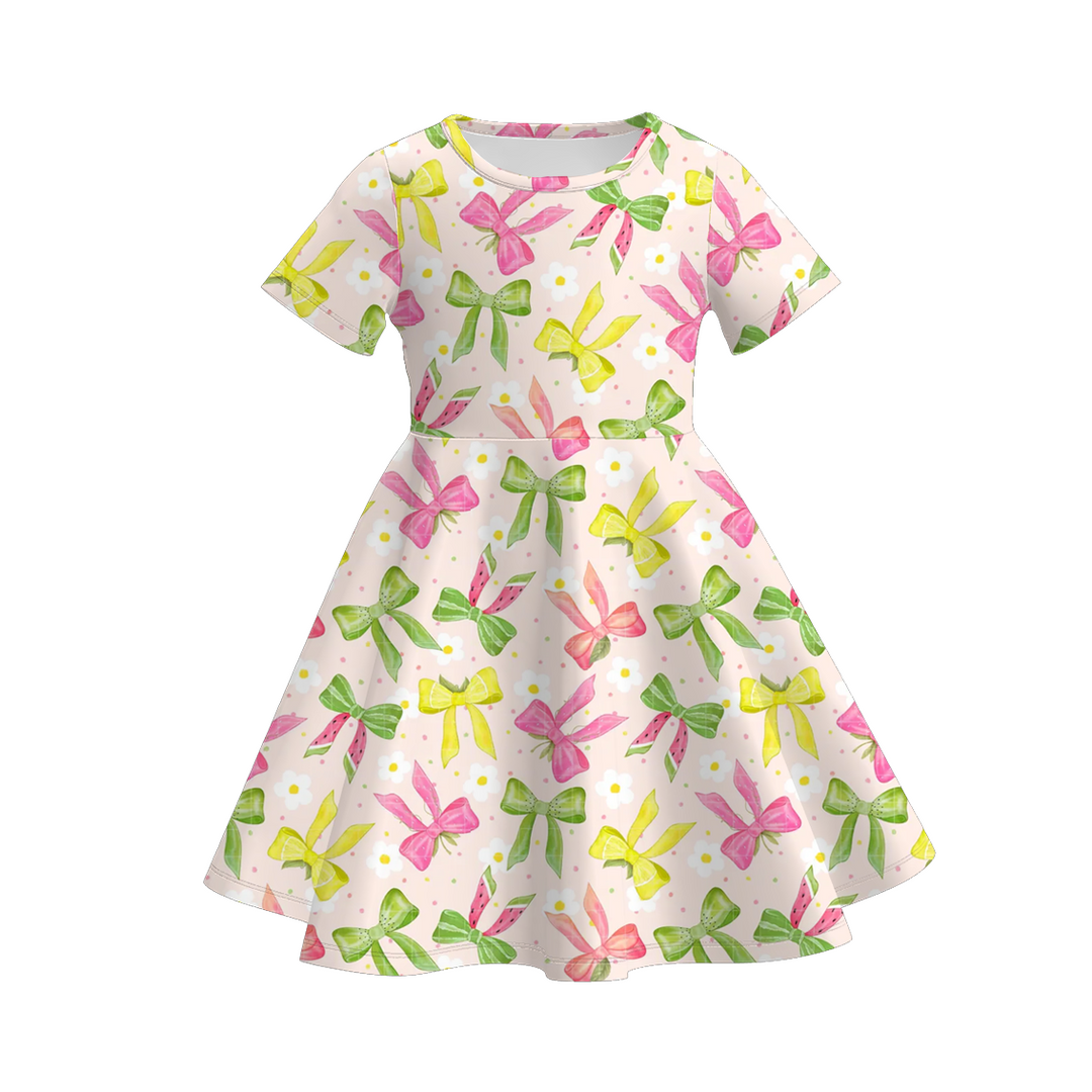 Sweet bow printed ruffle twirl dress for girls