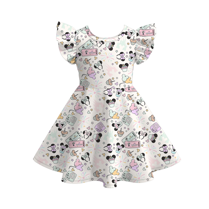 Girls summer cartoon printed flutter twirly dress