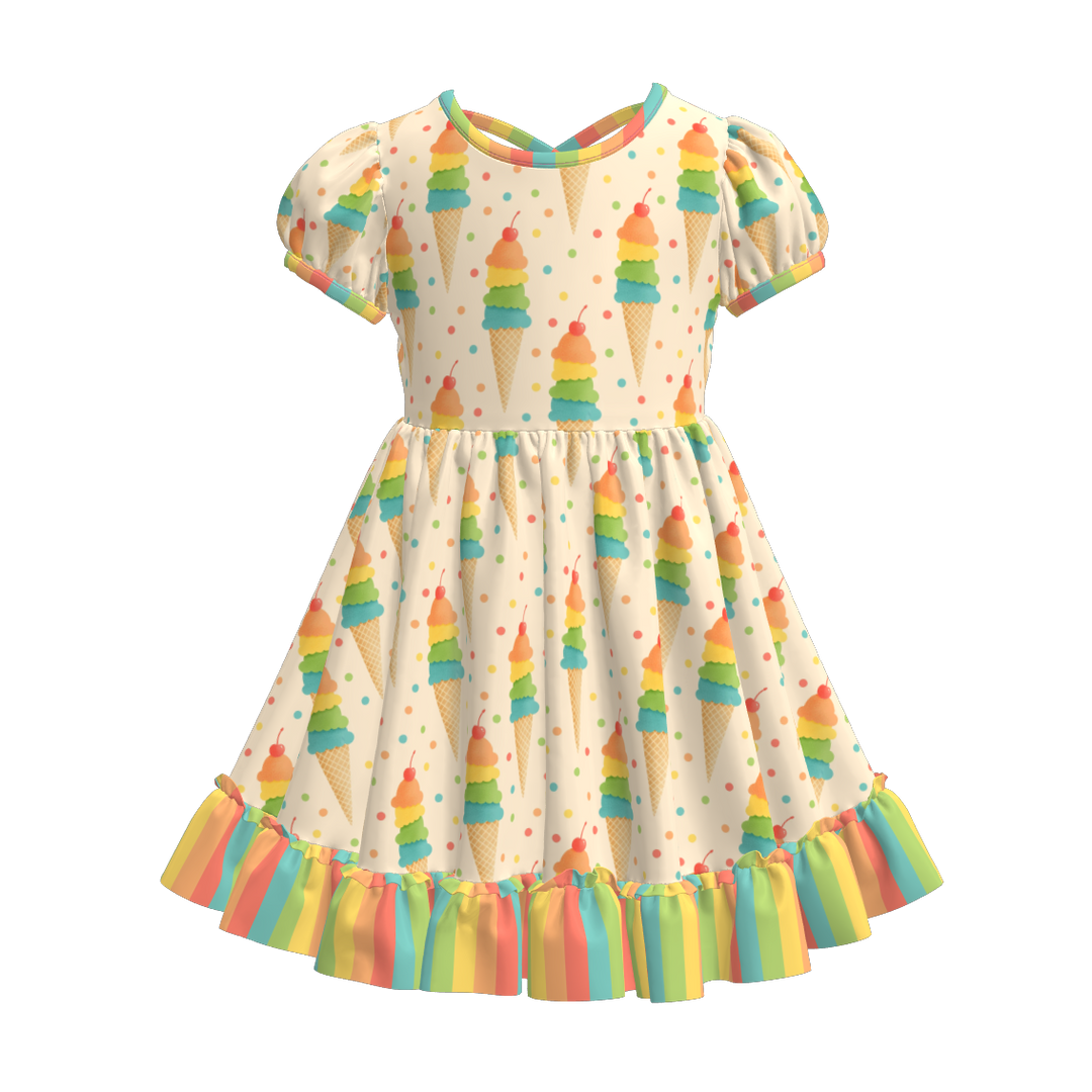 Girls summer fruit printed ruffle twirl dress with puff sleeve