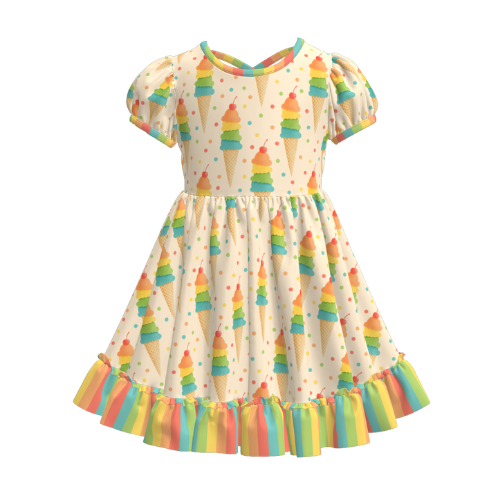 Girls summer fruit printed ruffle twirl dress with puff sleeve