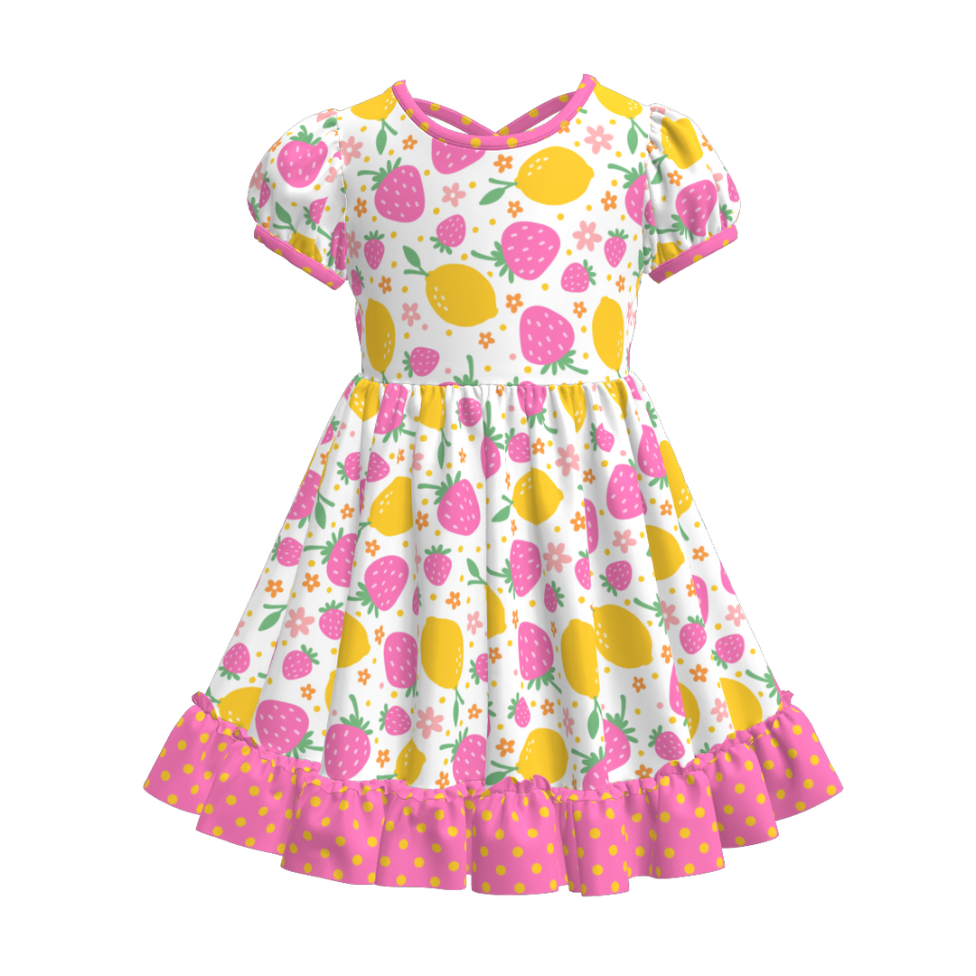 Girls summer fruit printed ruffle twirl dress with puff sleeve