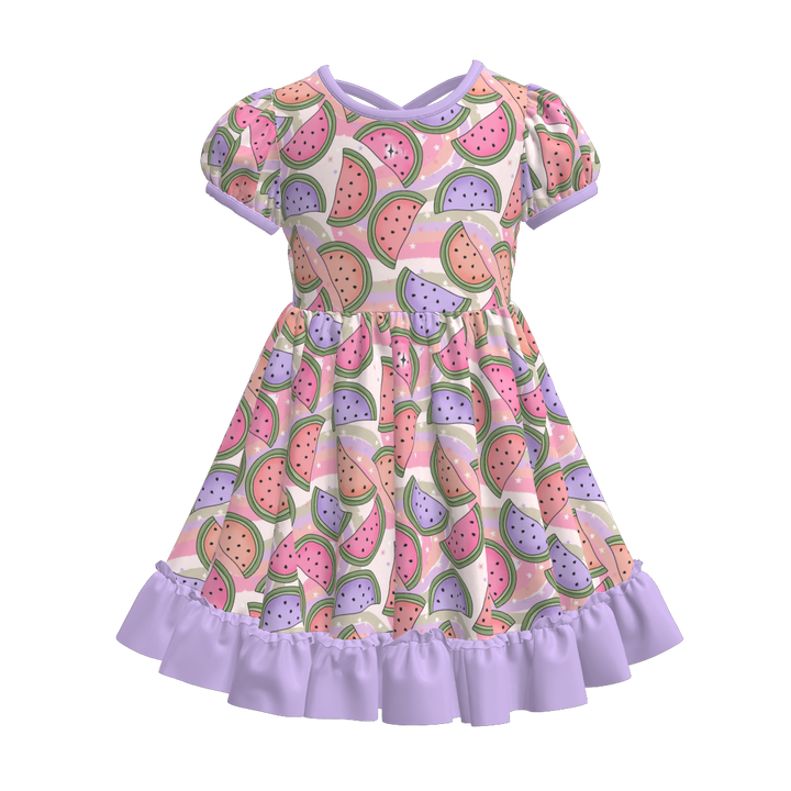 Girls summer fruit printed ruffle twirl dress with puff sleeve