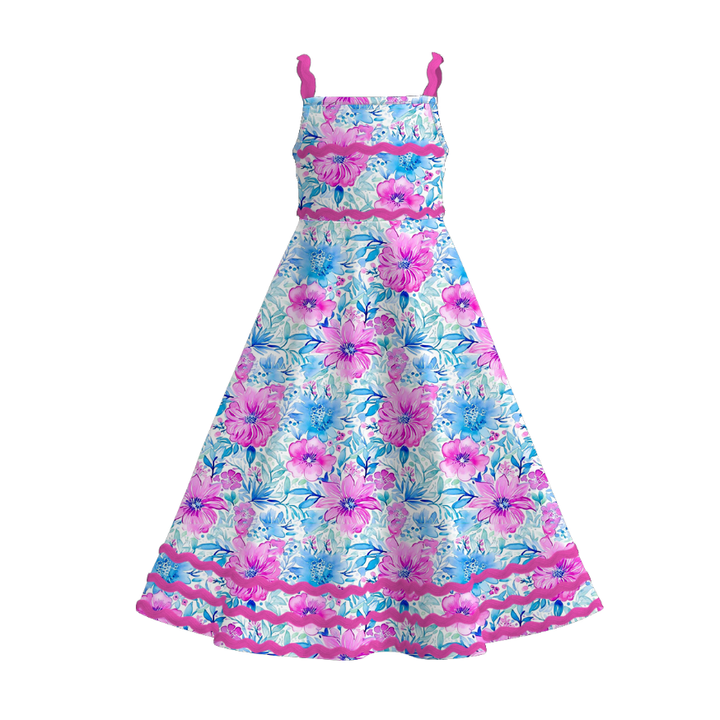Girls summer graffiti seaside ric-rac suspender maxi dress