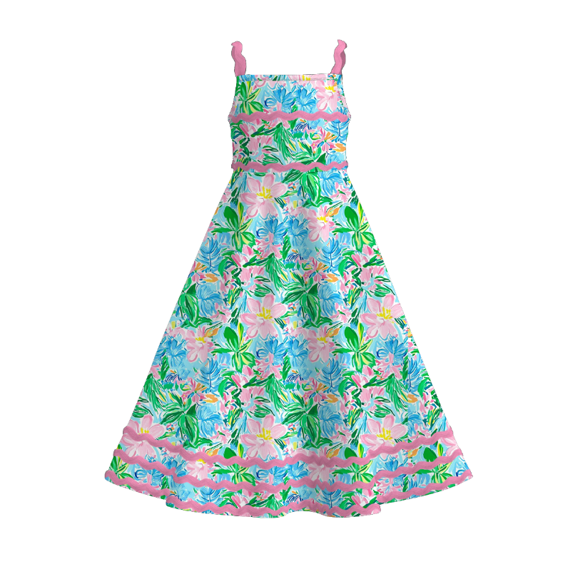 Girls summer graffiti seaside ric-rac suspender maxi dress