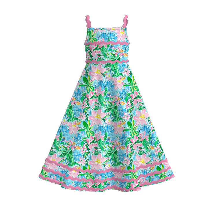 Girls summer graffiti seaside ric-rac suspender maxi dress