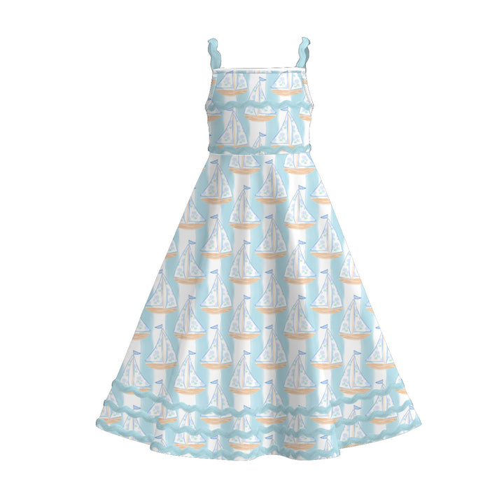 Girls summer graffiti seaside ric-rac suspender maxi dress