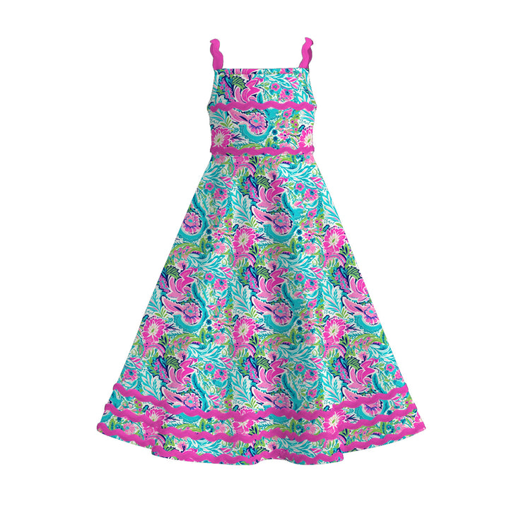 Girls summer graffiti seaside ric-rac suspender maxi dress