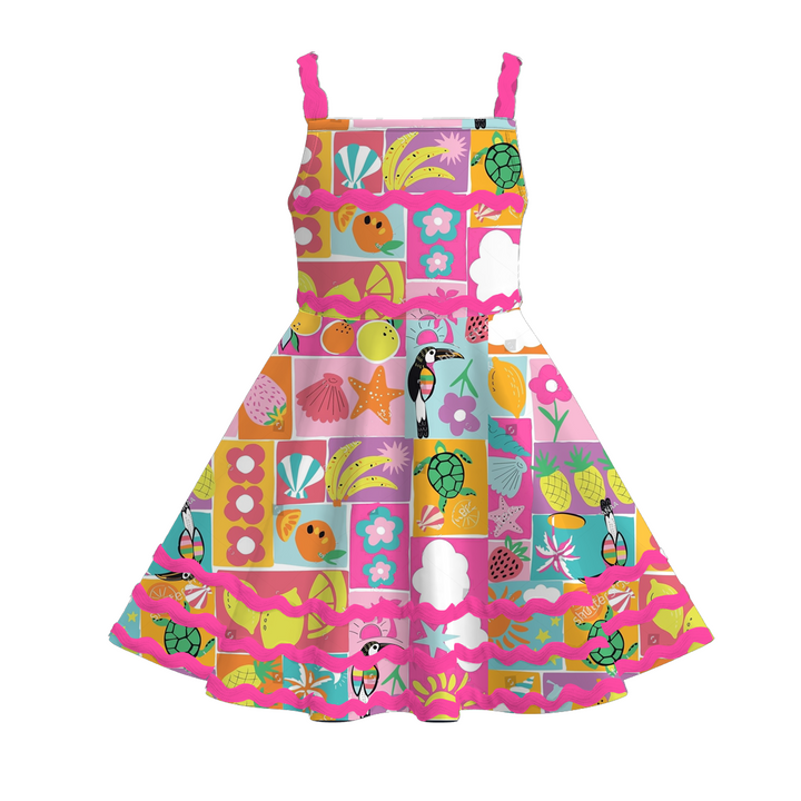 Girls summer graffiti ric-rac suspender dress