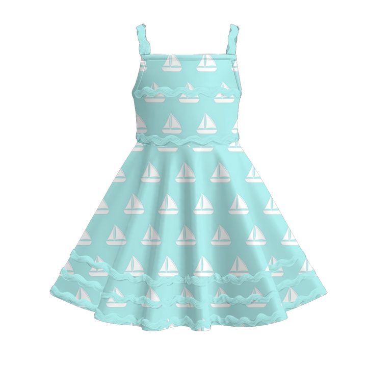 Girls summer graffiti seaside ric-rac suspender dress