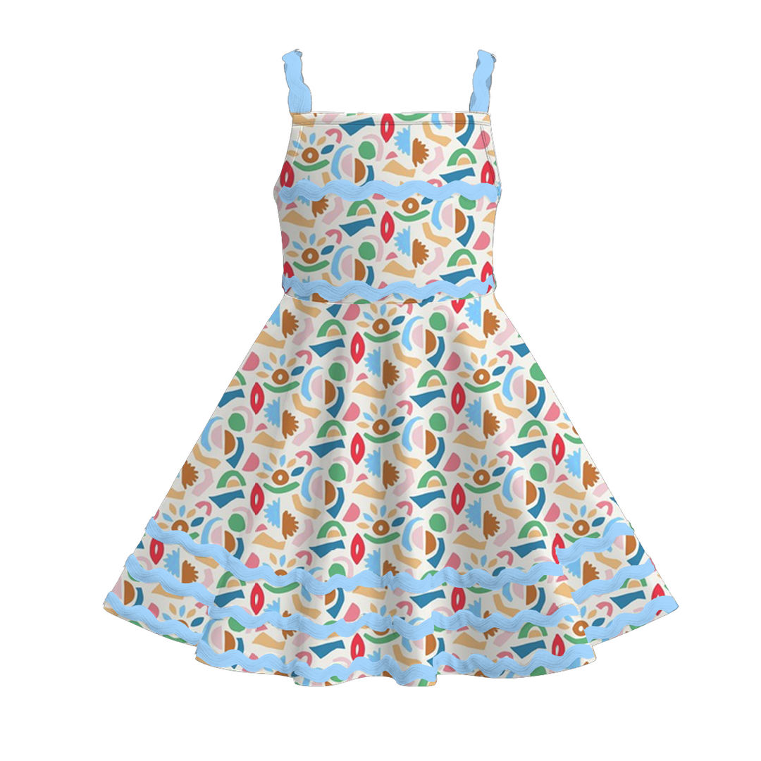 Girls summer graffiti seaside ric-rac suspender dress