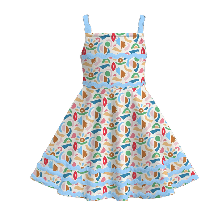 Girls summer graffiti seaside ric-rac suspender dress