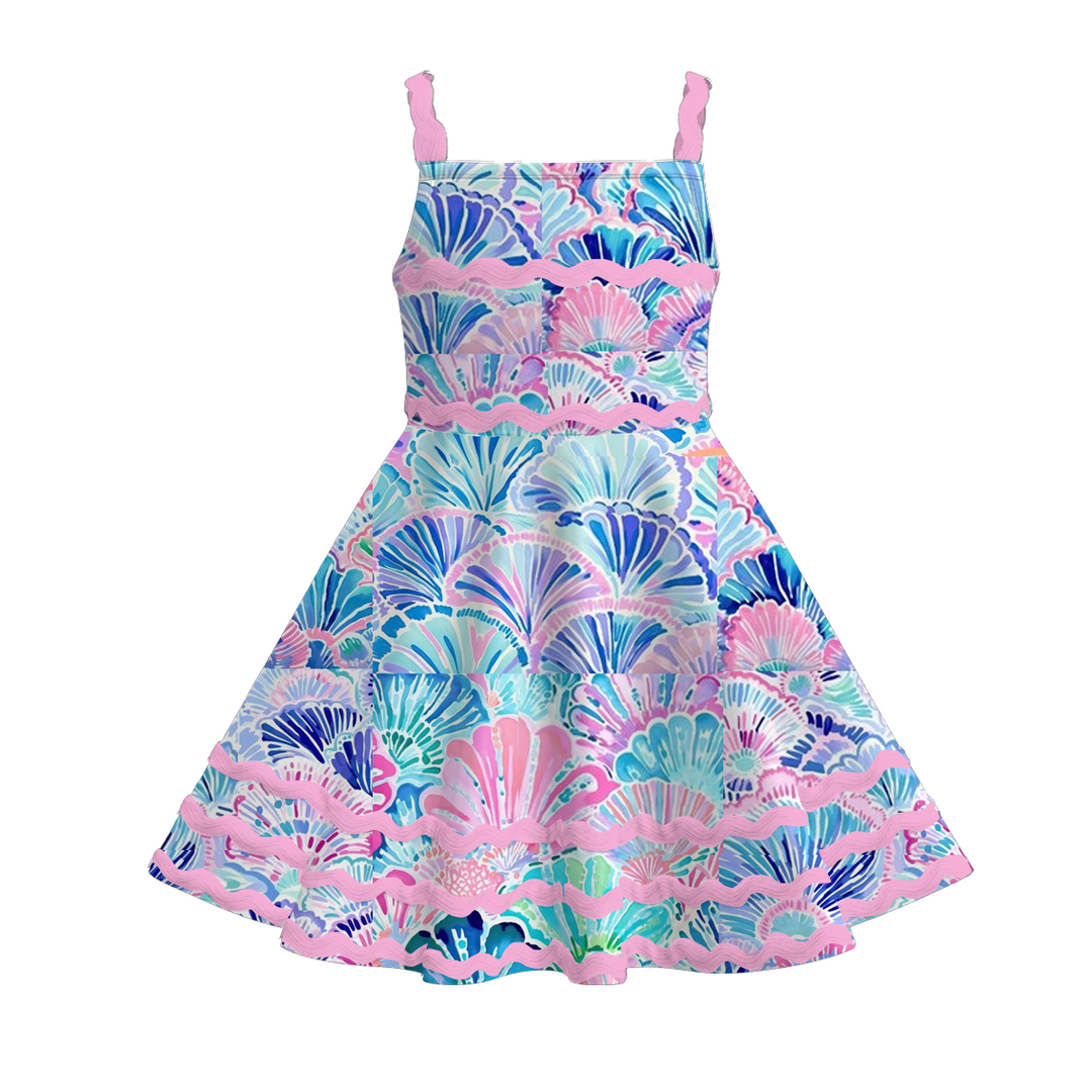 Girls summer graffiti seaside ric-rac suspender dress